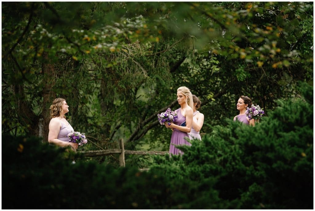 A photo of the bridesmaids waiting together through the trees after the ceremony  | Asheville Wedding Photographer