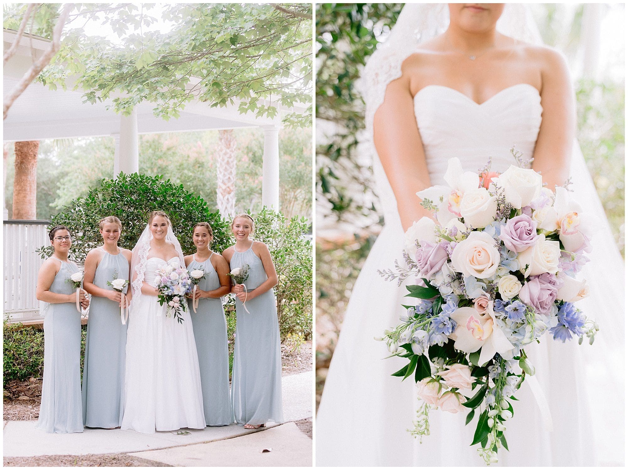 Close up of bride and her bouquet, bride laughing with her friends