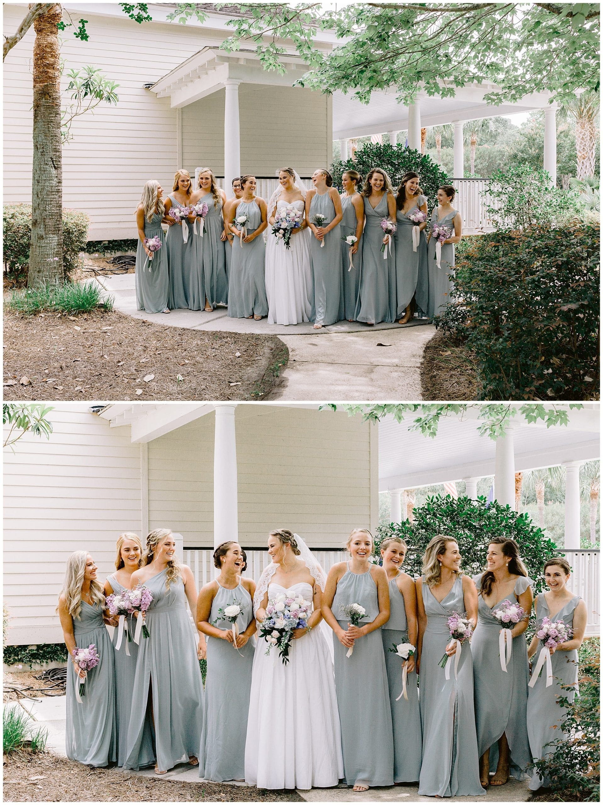 Bride with large group of bridesmaids 