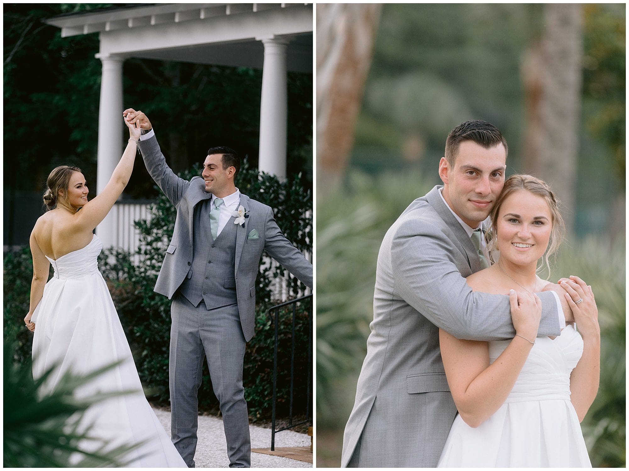 Bride and groom raise hands in the air at the wedding at Mount Pleasant. 