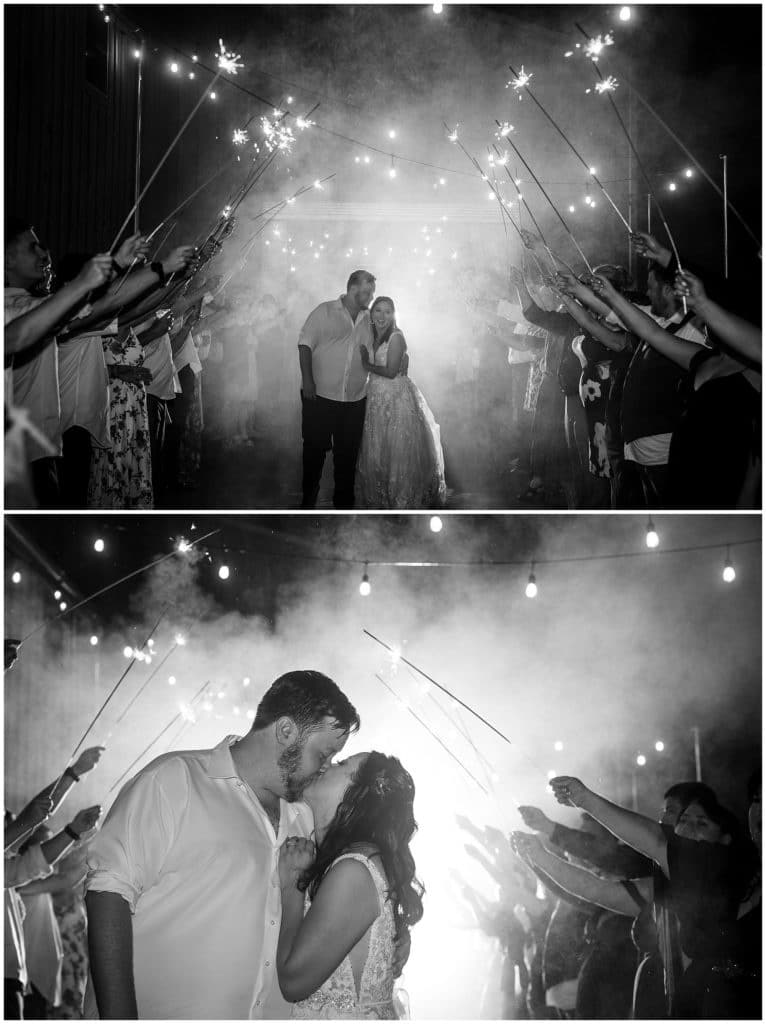 Black and white sparkler exit of the bride and groom leaving their reception at Honeysuckle Hill | Asheville Wedding Photographer