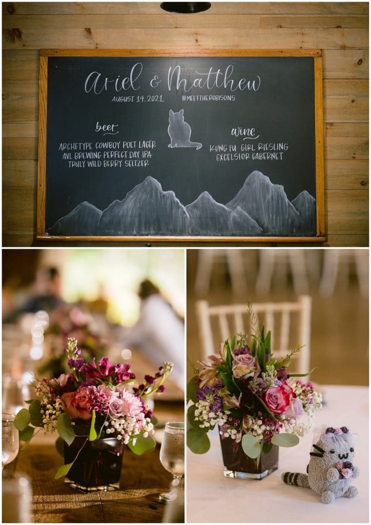 Reception details with cat details on a chalkboard and on the table centerpiece | Asheville Wedding Photographer