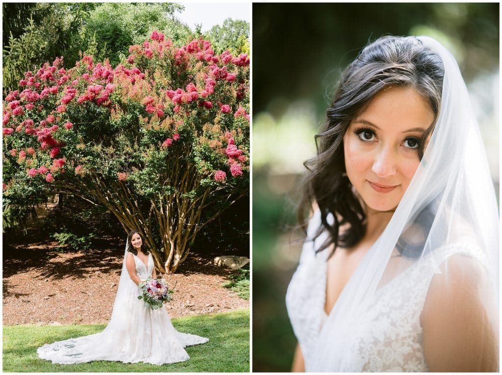 Bridal portraits by a pond in a garden at Honeysuckle Hill | Asheville Wedding Photographer