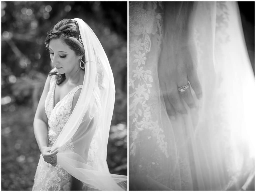 Black and white bridal portraits with a long veil | Asheville Wedding Photographer