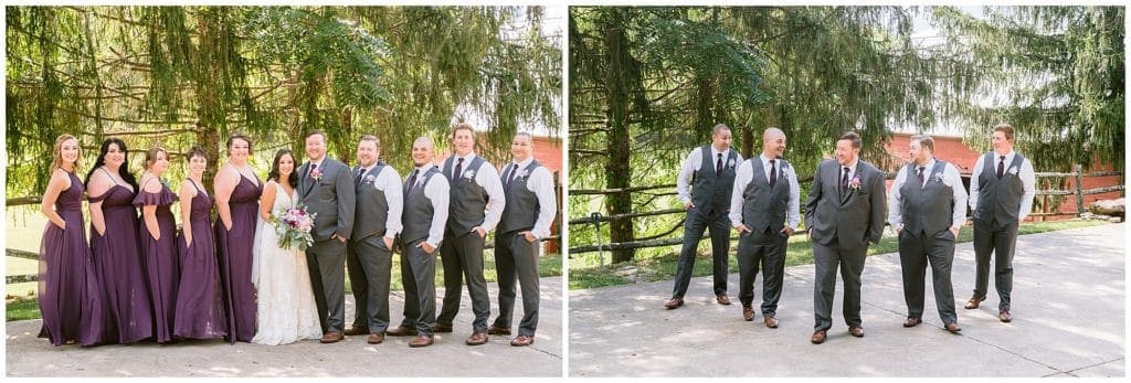 Bridal party details with deep purple dresses and grey suits | Asheville Wedding Photographer