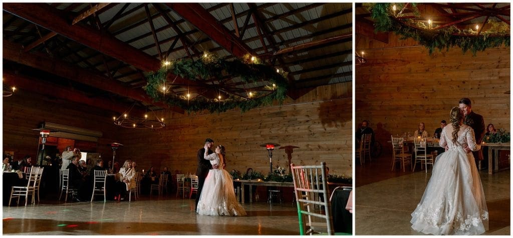 Bride and groom first dance under a hanging chandelier with greenery  | Asheville Wedding Photographer
