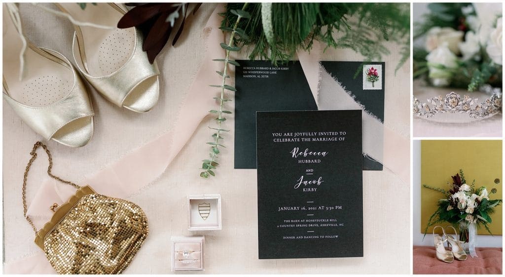 Winter wedding details with gold accents and a deep green invitation suite. 