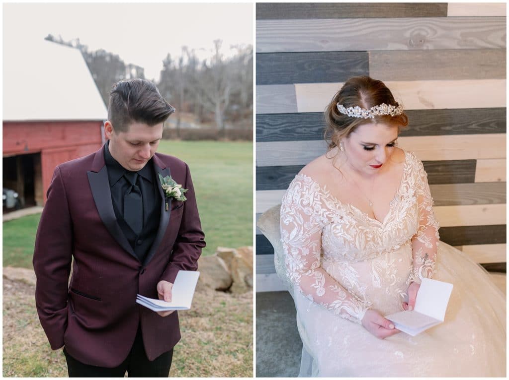 The bride and groom read letters from one another while getting ready on their wedding day  | Asheville Wedding Photographer