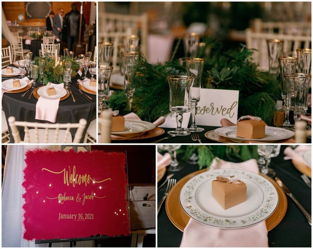 Winter wedding reception decor with greenery, red signs, and gold accents  | Asheville Wedding Photographer