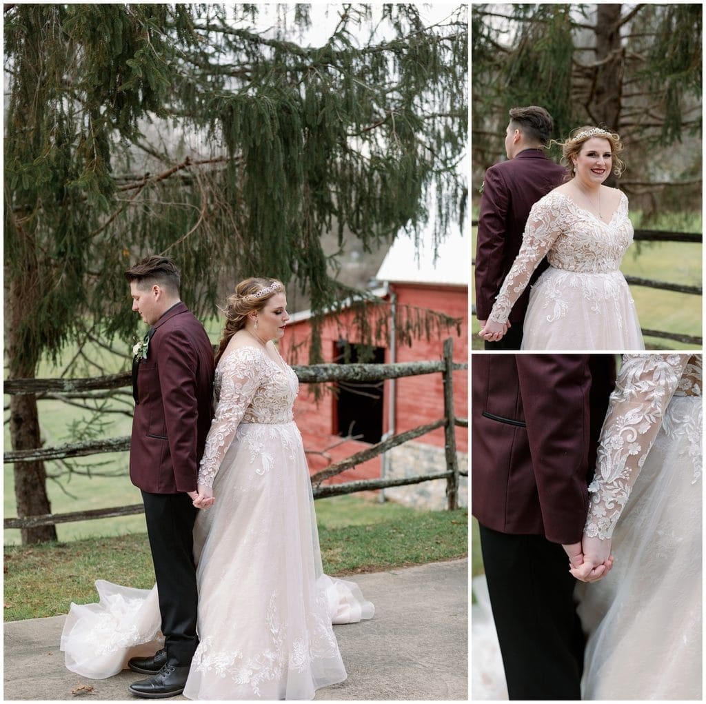 The bride and groom hold hands back to back before the wedding ceremony  | Asheville Wedding Photographer