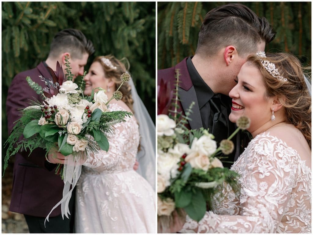 Winter bridal bouquet inspiration with white flowers, greenery, and deep red colors  | Asheville Wedding Photographer