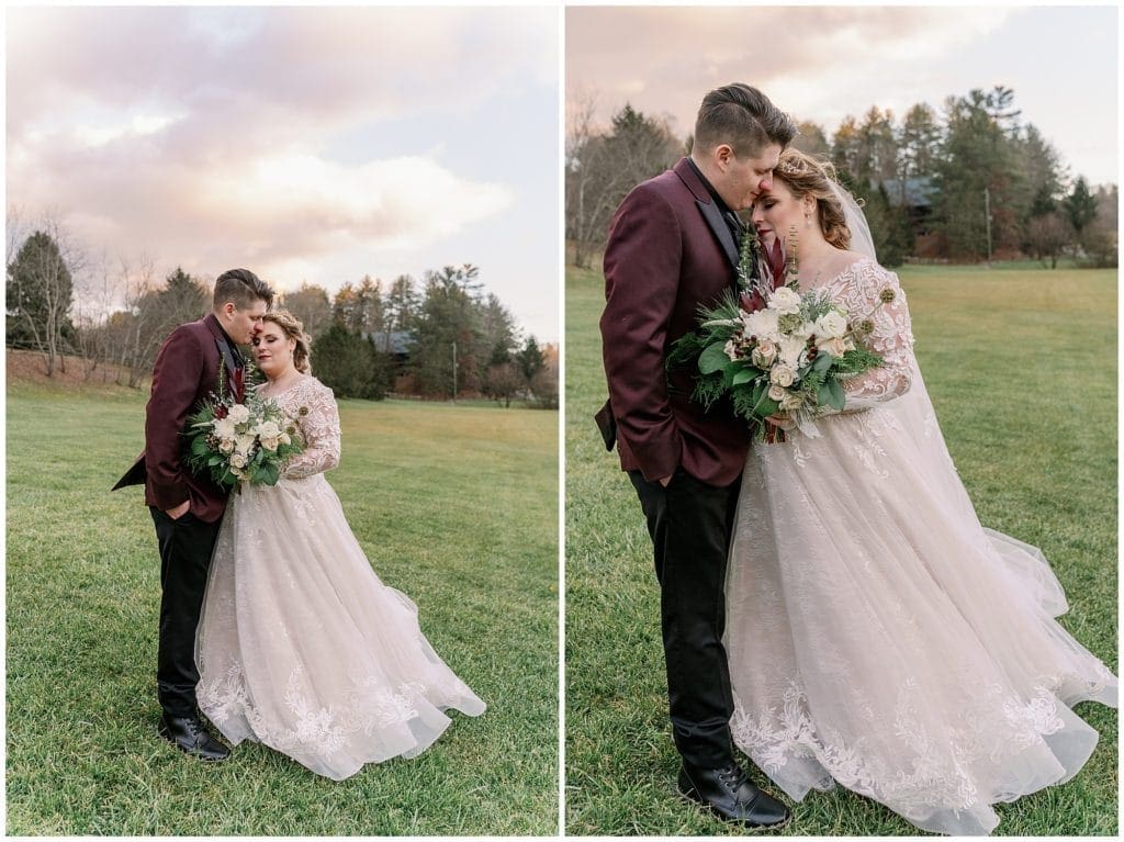 Bride and groom portraits at sunset at Honeysuckle Hill  | Asheville Wedding Photographer