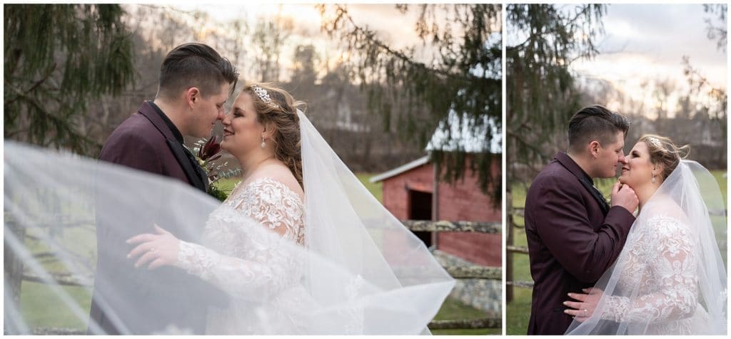 Winter bride and groom portraits on a snowy wedding day at Honeysuckle Hill  | Asheville Wedding Photographer