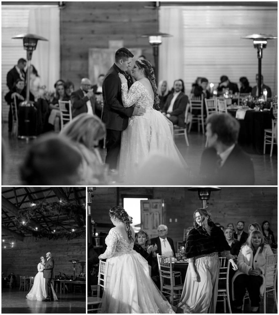 Black and white images of the bride and groom sharing their first dance at Honeysuckle Hill  | Asheville Wedding Photographer