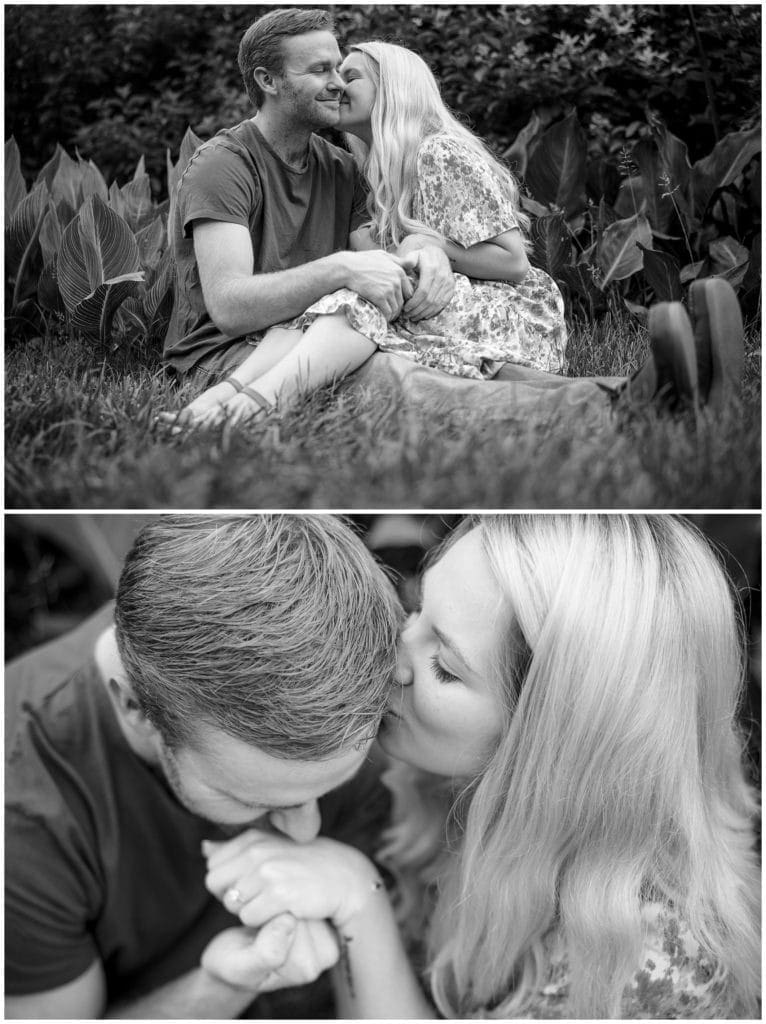 black and white photo in the sit and snuggle pose.   Asheville Engagement Photographer Kathy Beaver