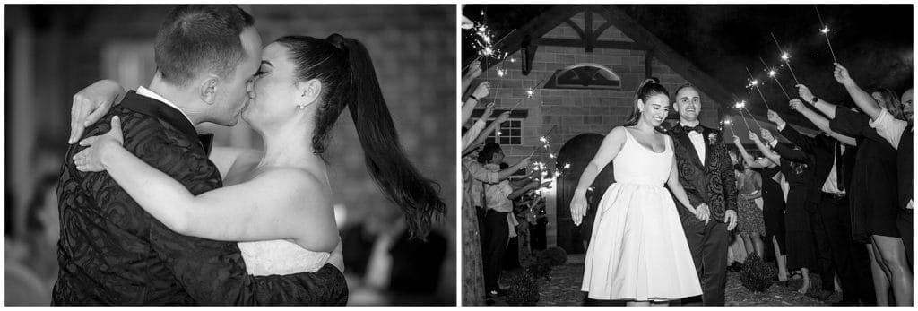 black and white photos of the reception with sparklers