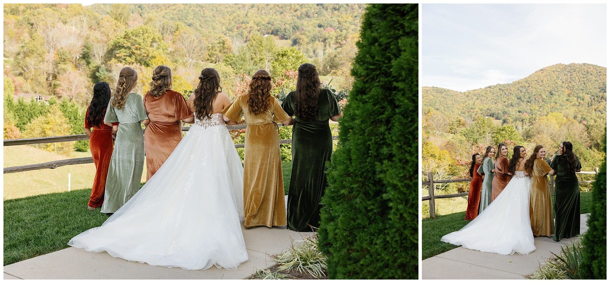bride and bridesmaids pose outside for fall wedding