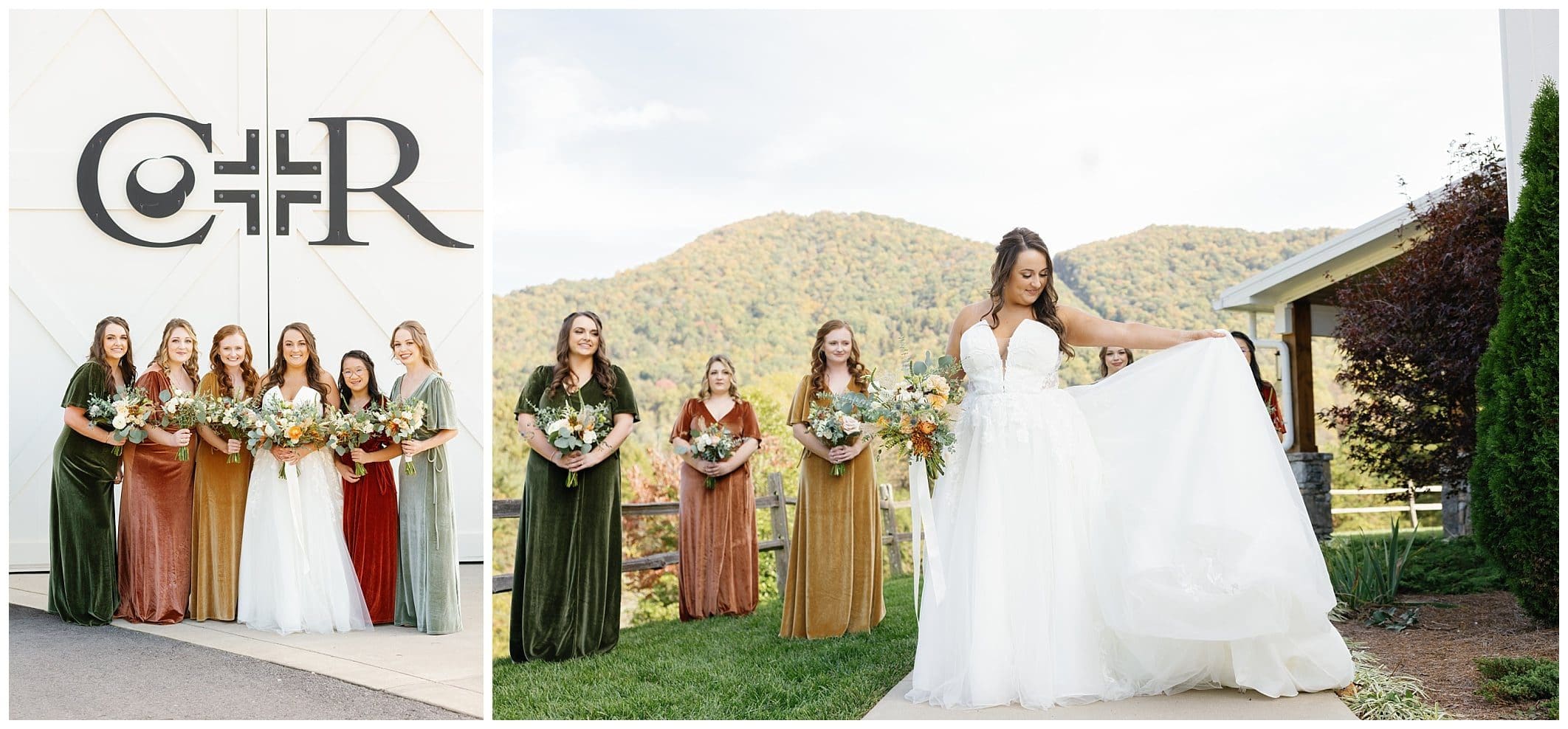 bride and bridesmaids wearing fall colored velvet dresses posing for Chestnut Ridge wedding