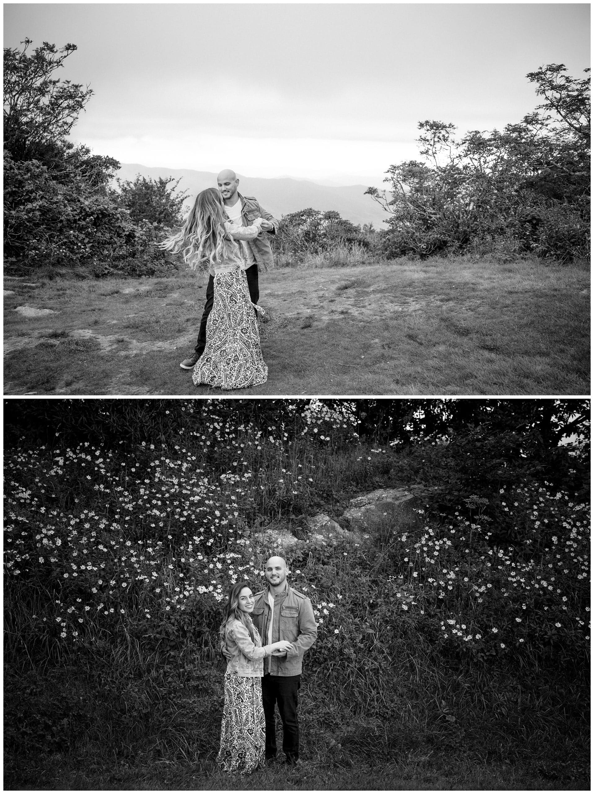 Couple dances together with the mountains behind them for their Blue Ridge Parkway engagement