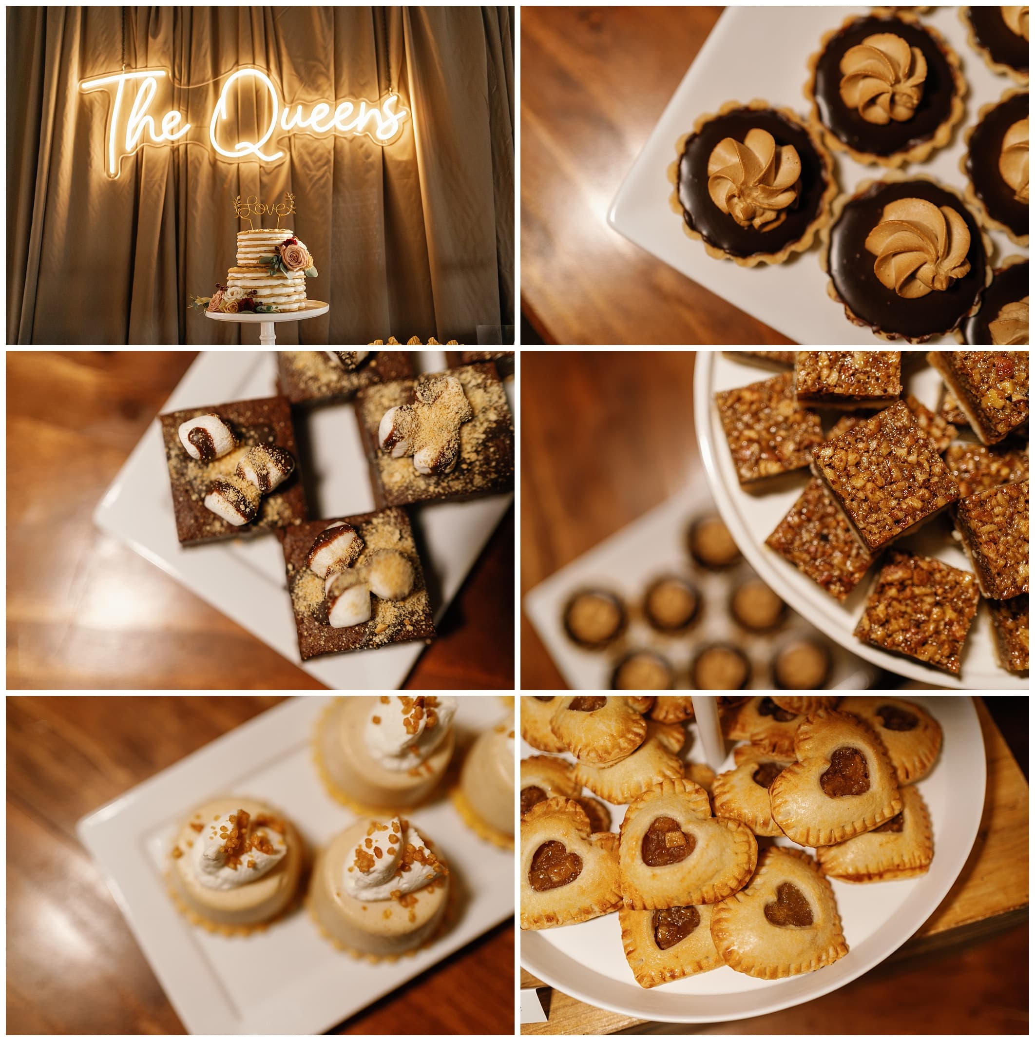 dessert and wedding cake display with neon sign for a November wedding