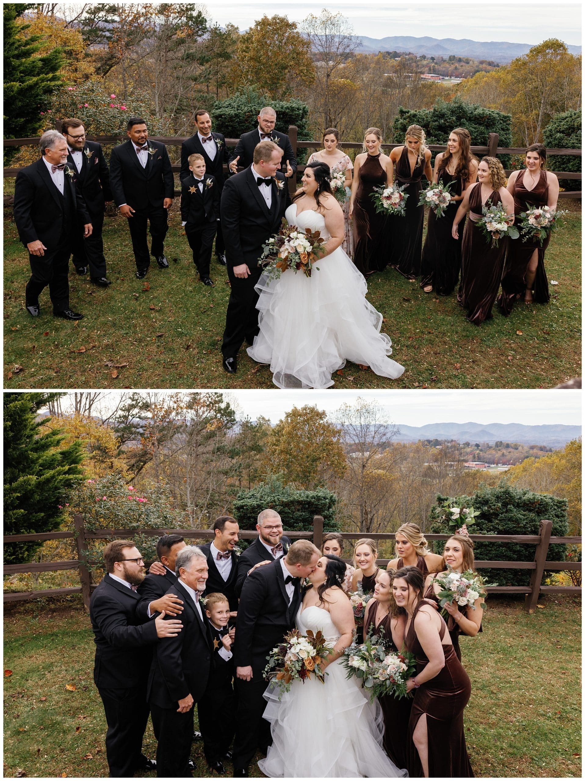 bridal party surrounding bride and groom outdoors for their November wedding