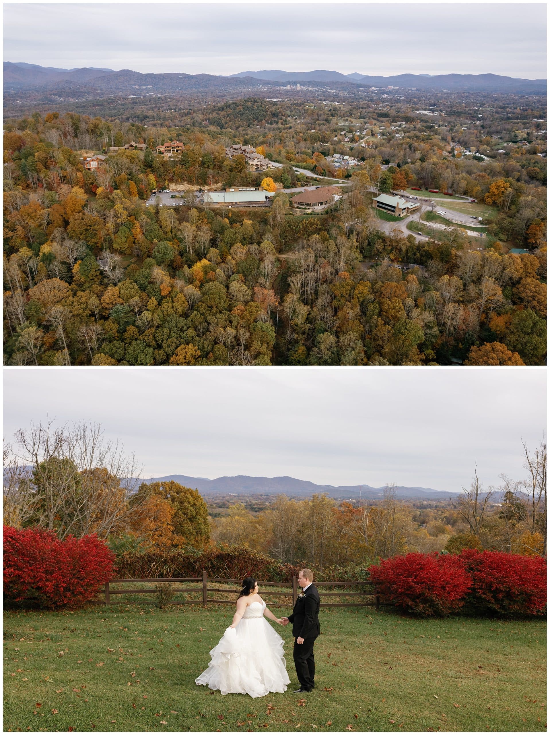 bride and groom pose with mountain view for their November wedding