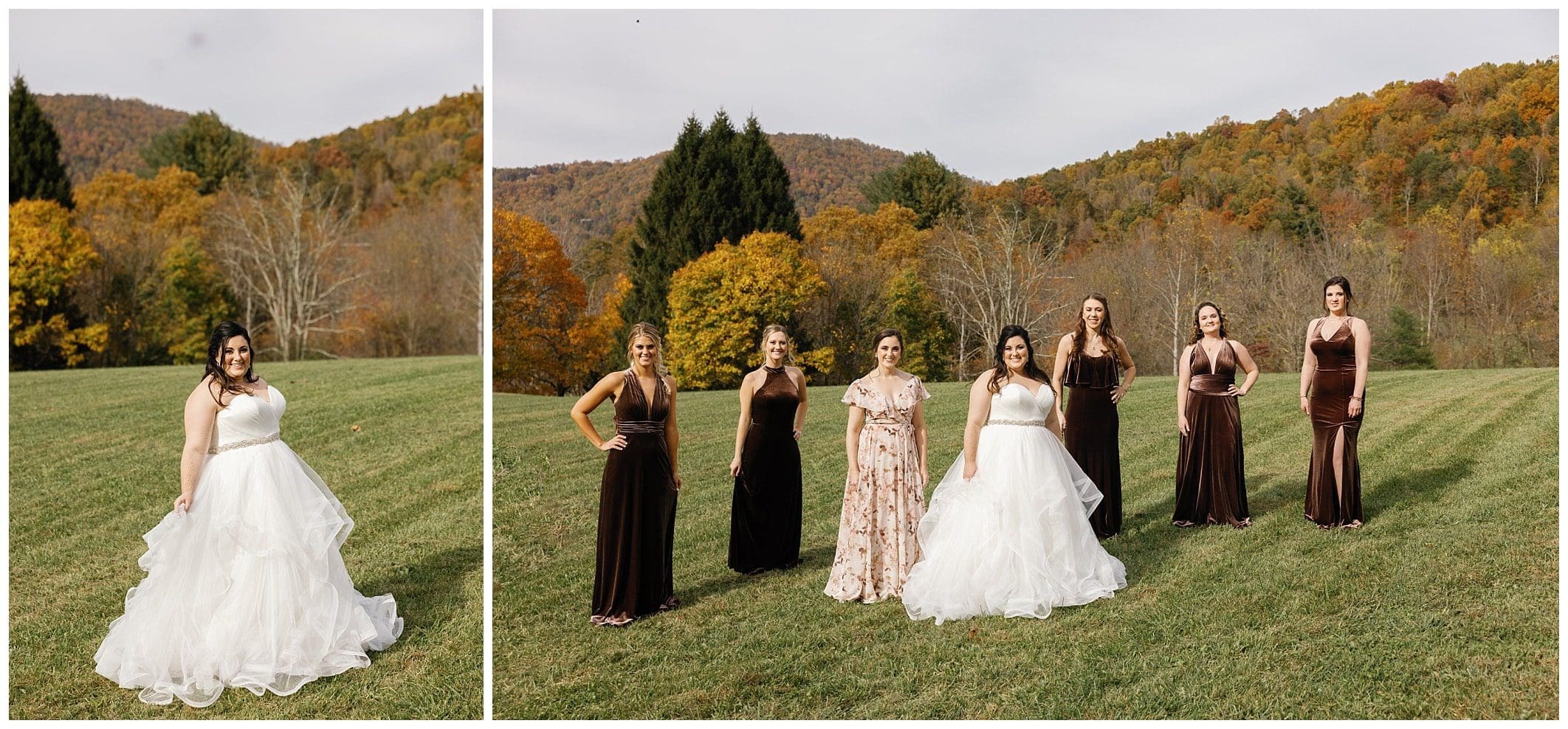 bride and bridesmaids posing outdoors with fall leaves for a November wedding