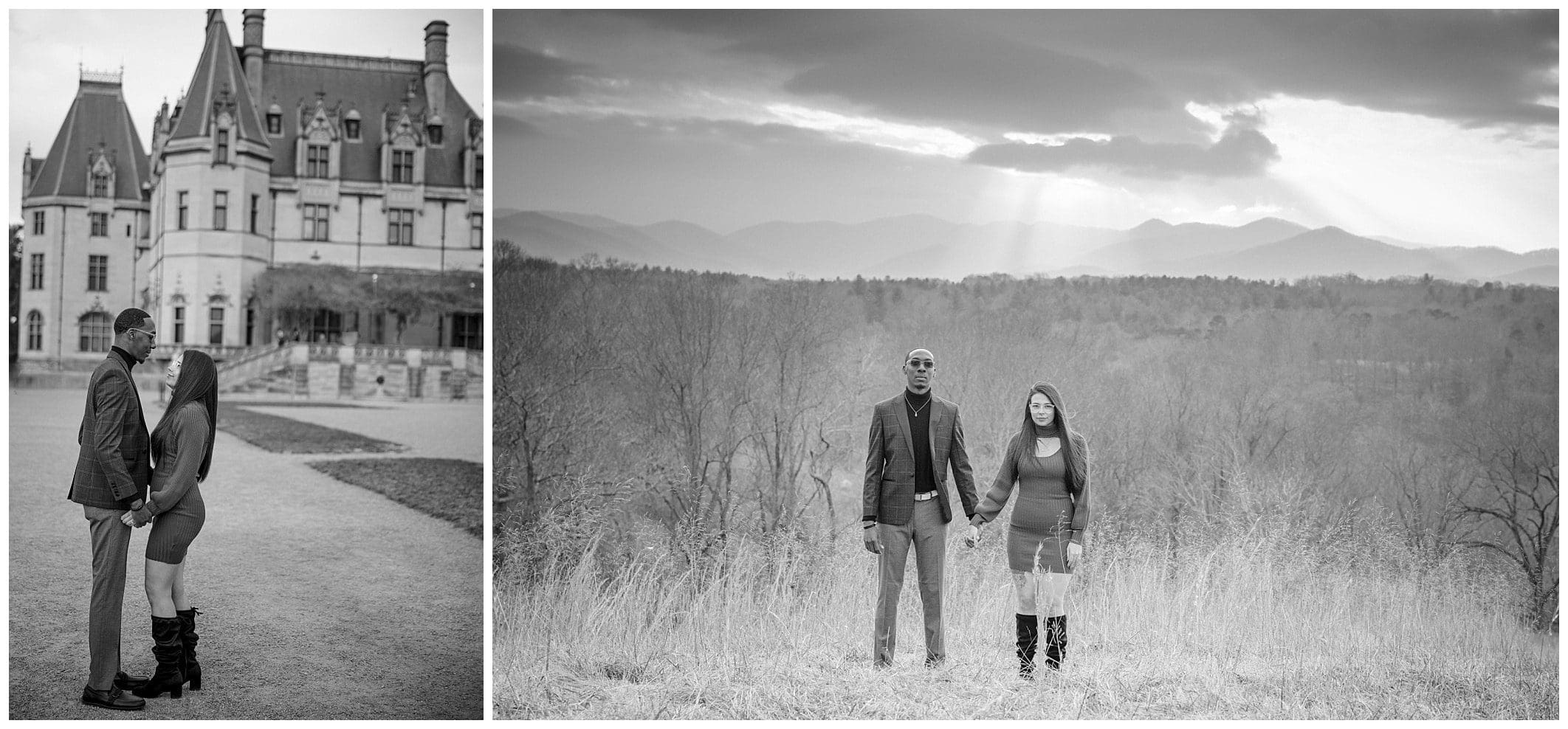 black and white photo of couple posing at the Biltmore Estate for their engagement session