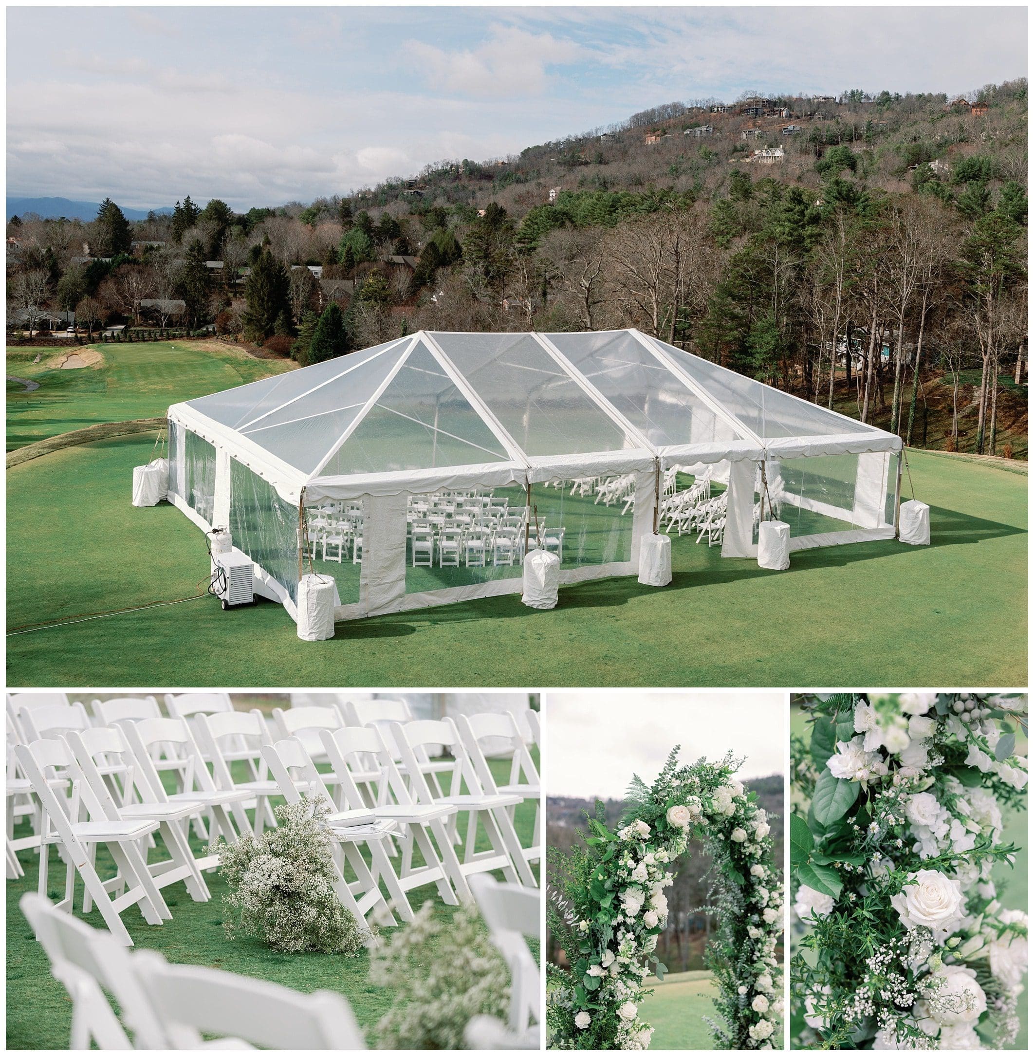 clear tent on putting green for an outdoor wedding