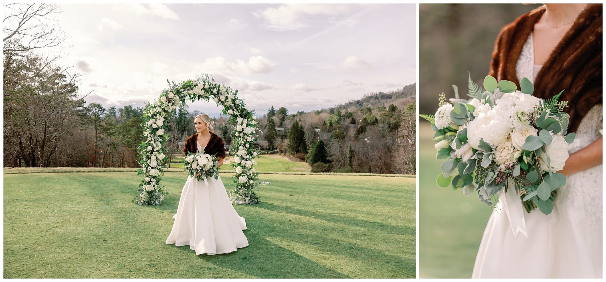 bridal photo of bride outdoors in Asheville winter wedding