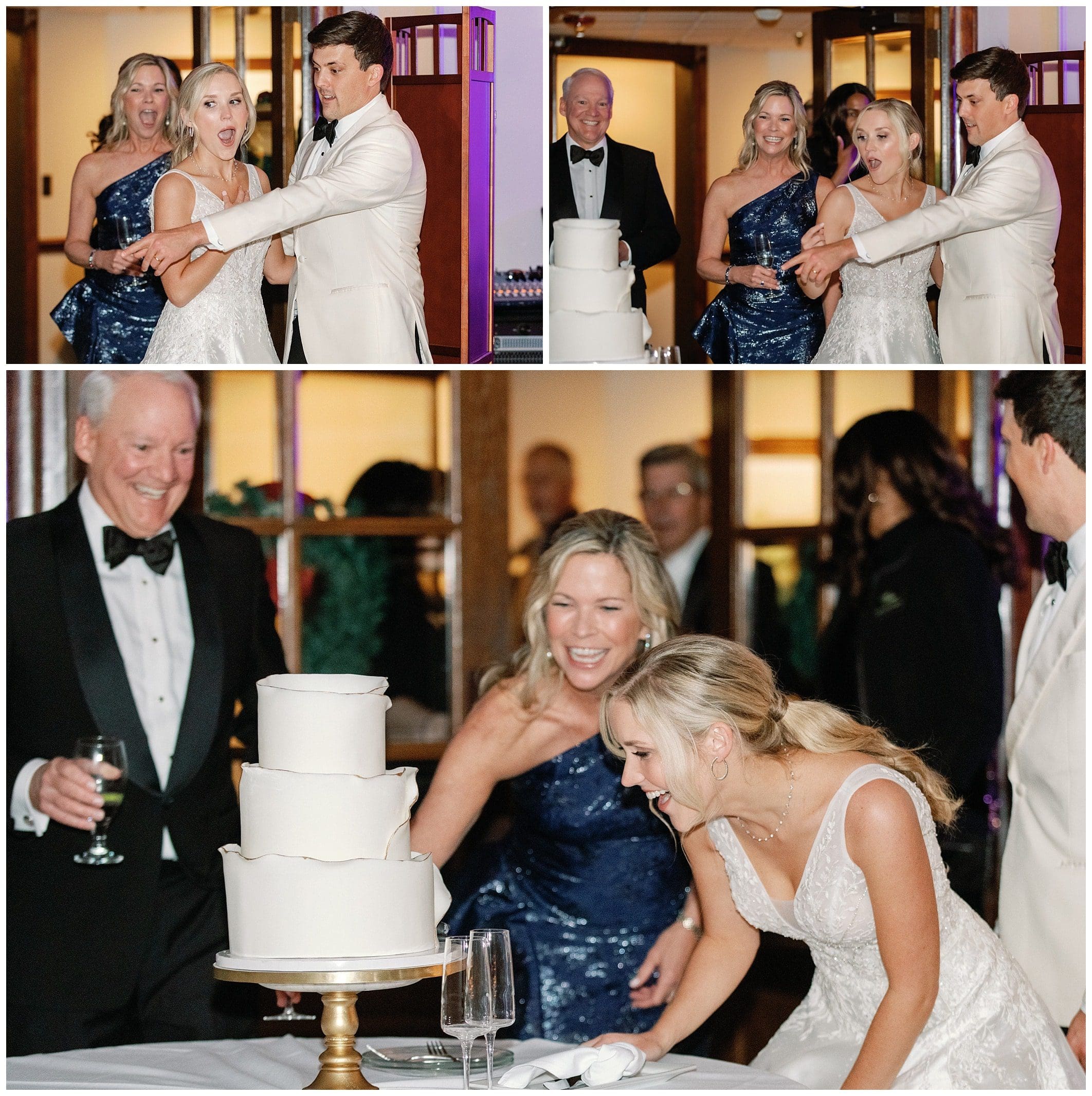 couple surprised by dog on their wedding cake