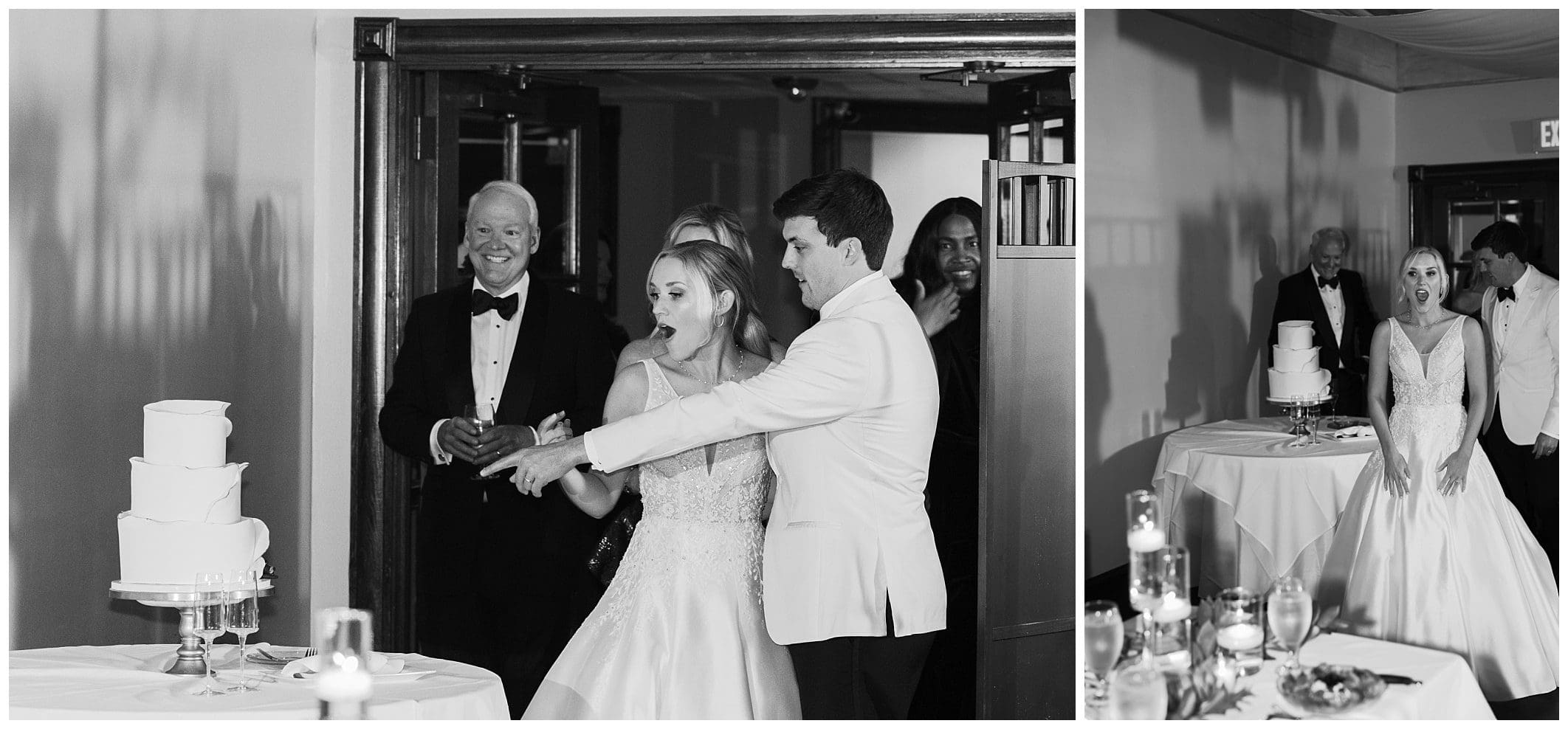 black and white photo of bride and groom seeing their reception space for the first time