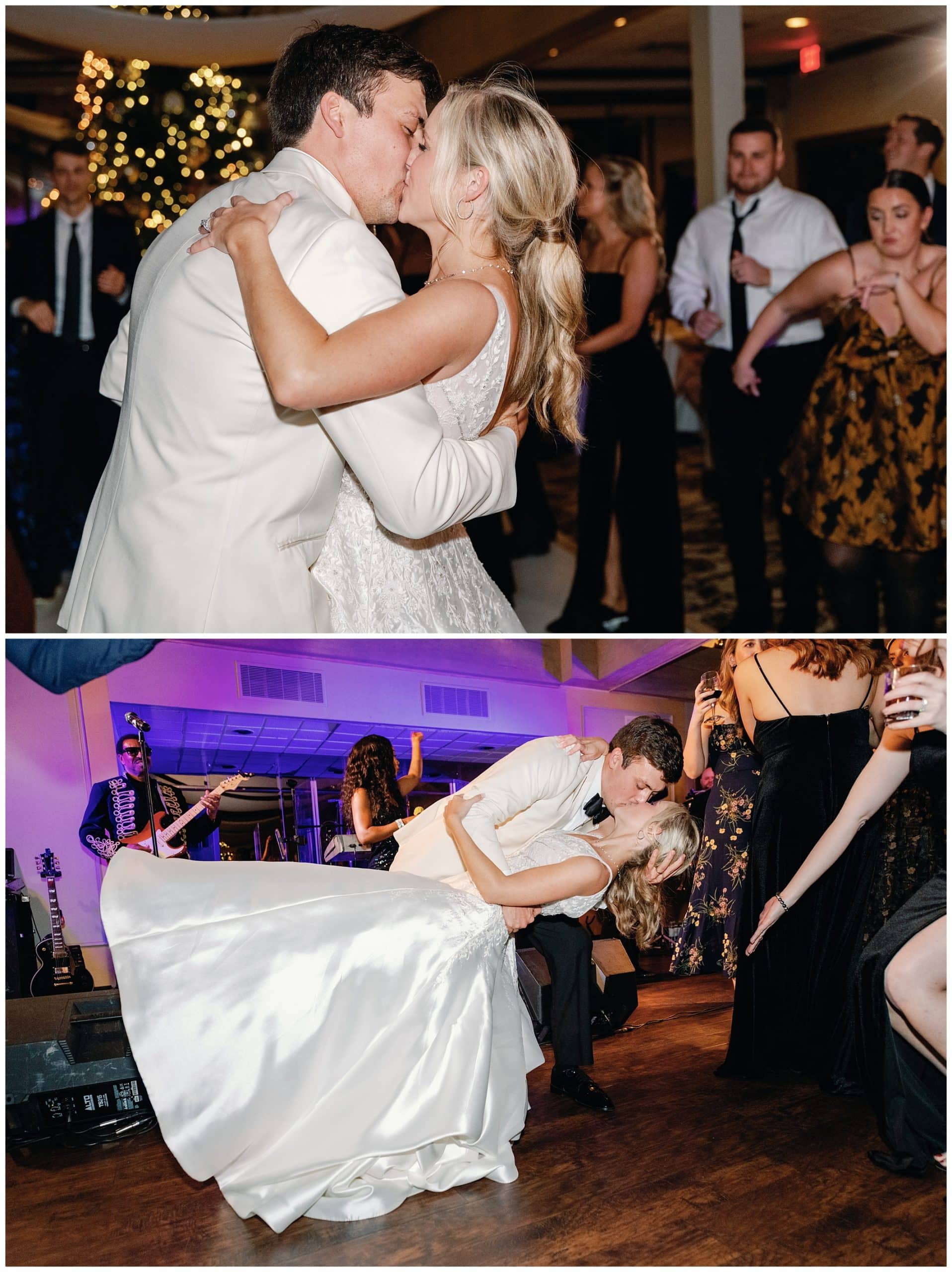 bride and groom share a kiss on the dance floor at their Asheville winter wedding