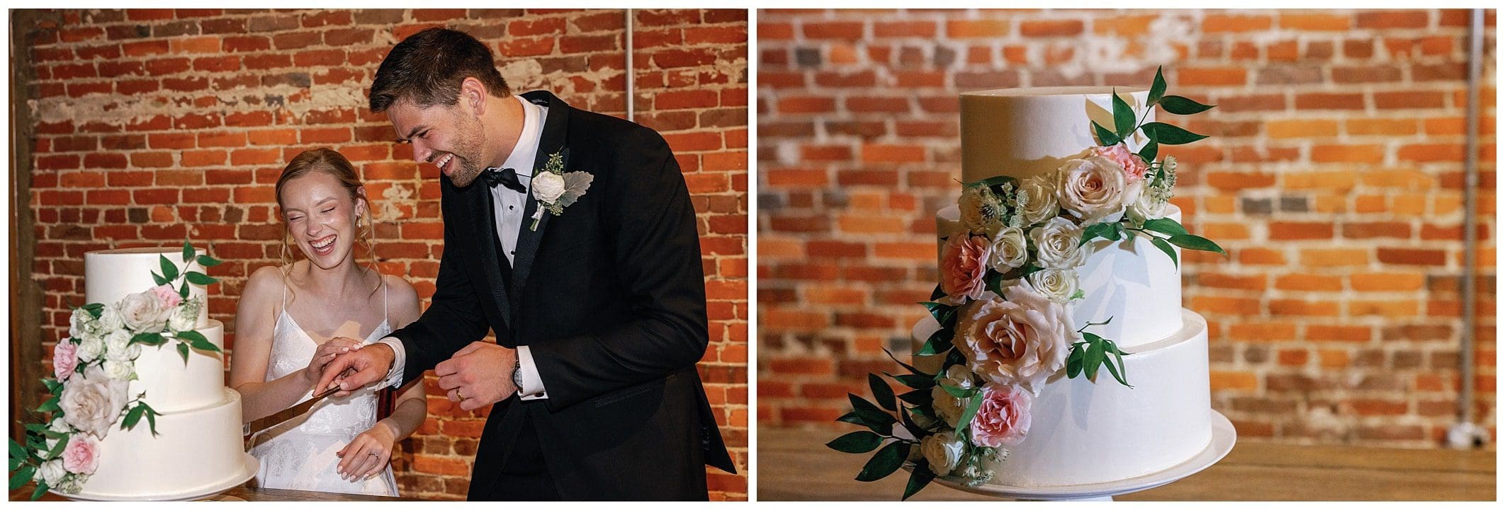 couple cuts cake on their wedding day at Century Room reception 