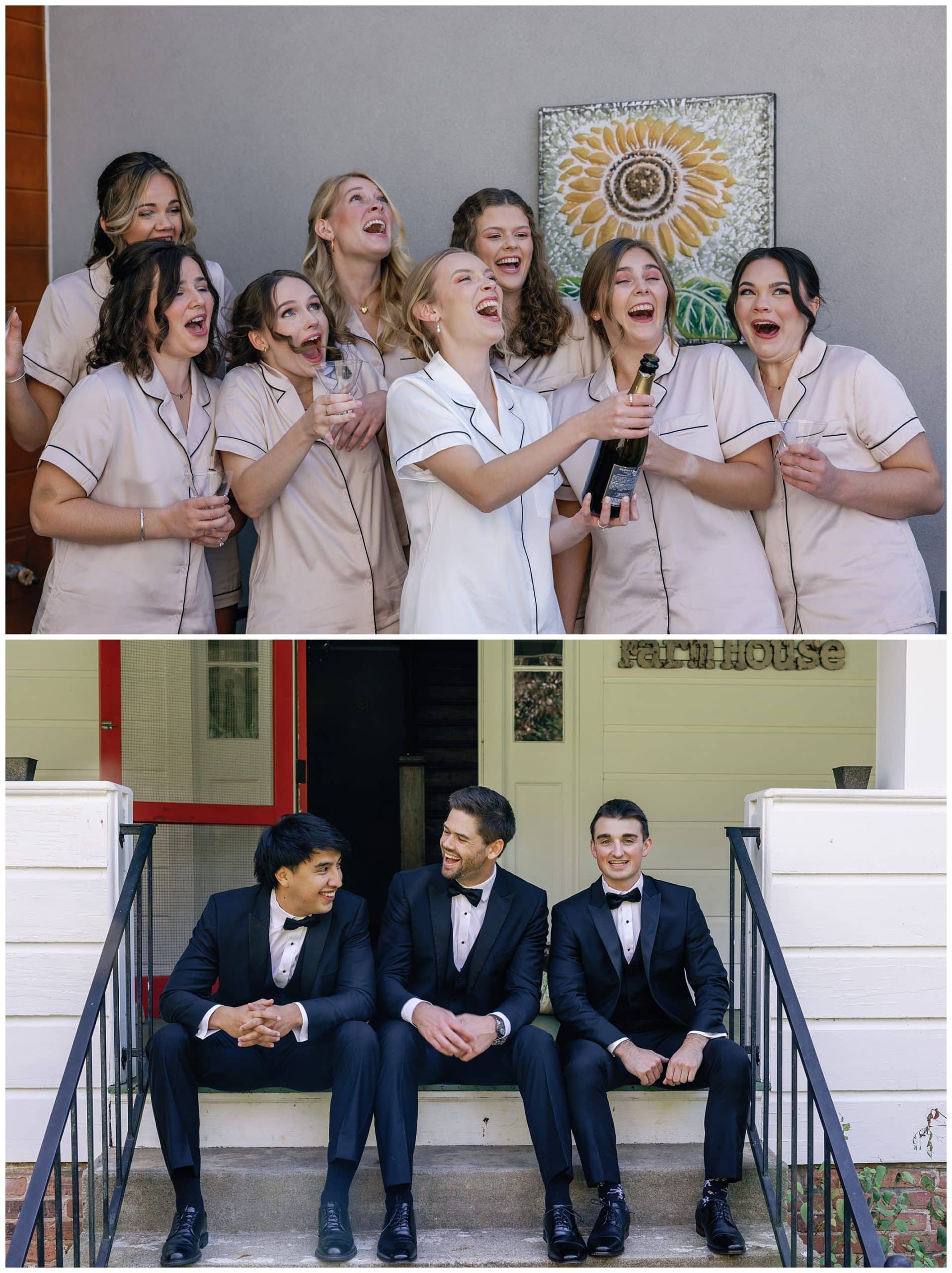 bride pops champagne with her bridesmaids and groom sits on porch with groomsmen