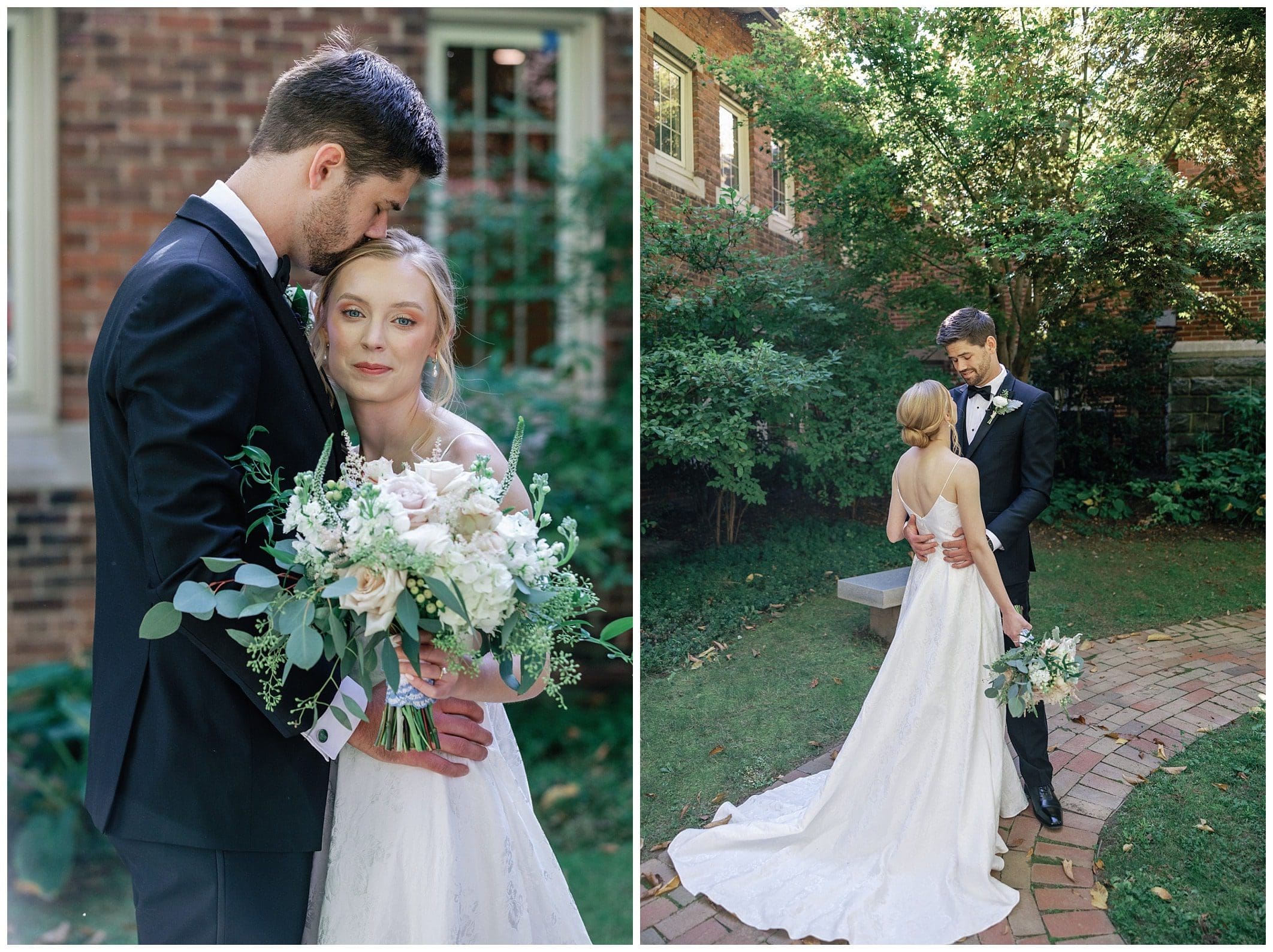 bride and groom pose for outdoor portraits for downtown Asheville wedding
