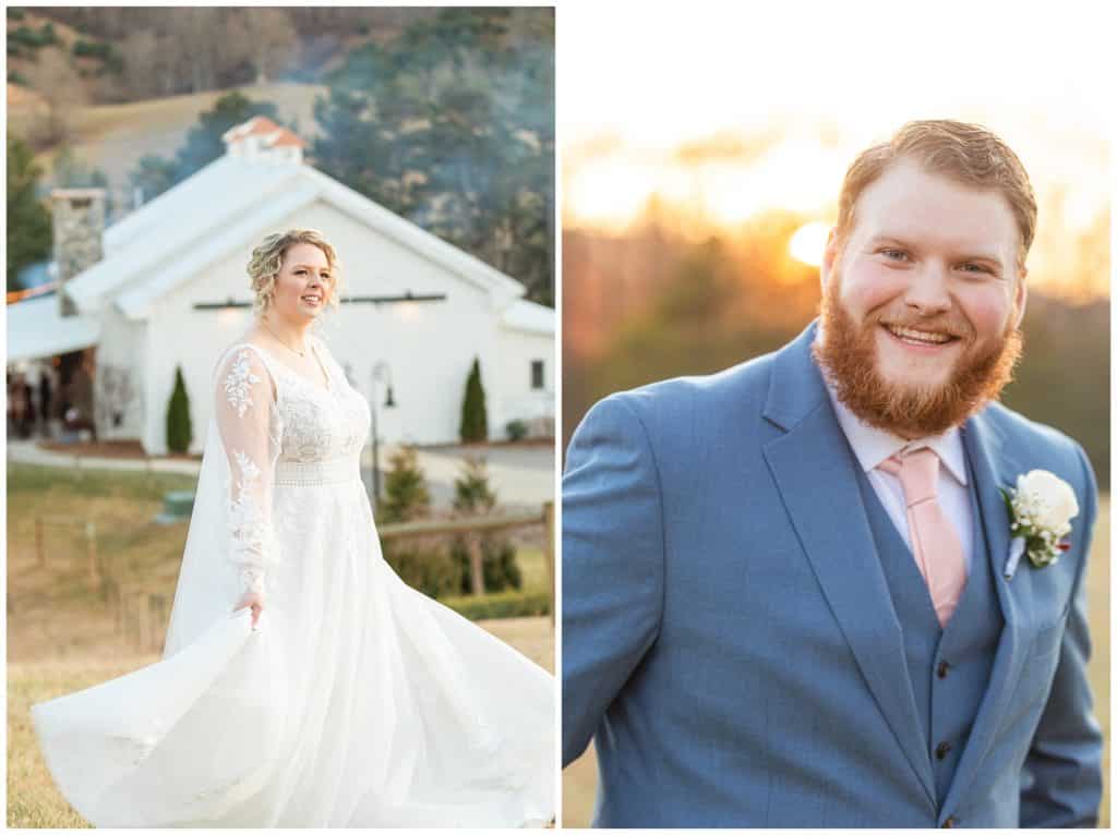 bride and groom pose for a portrait in the NC mountains