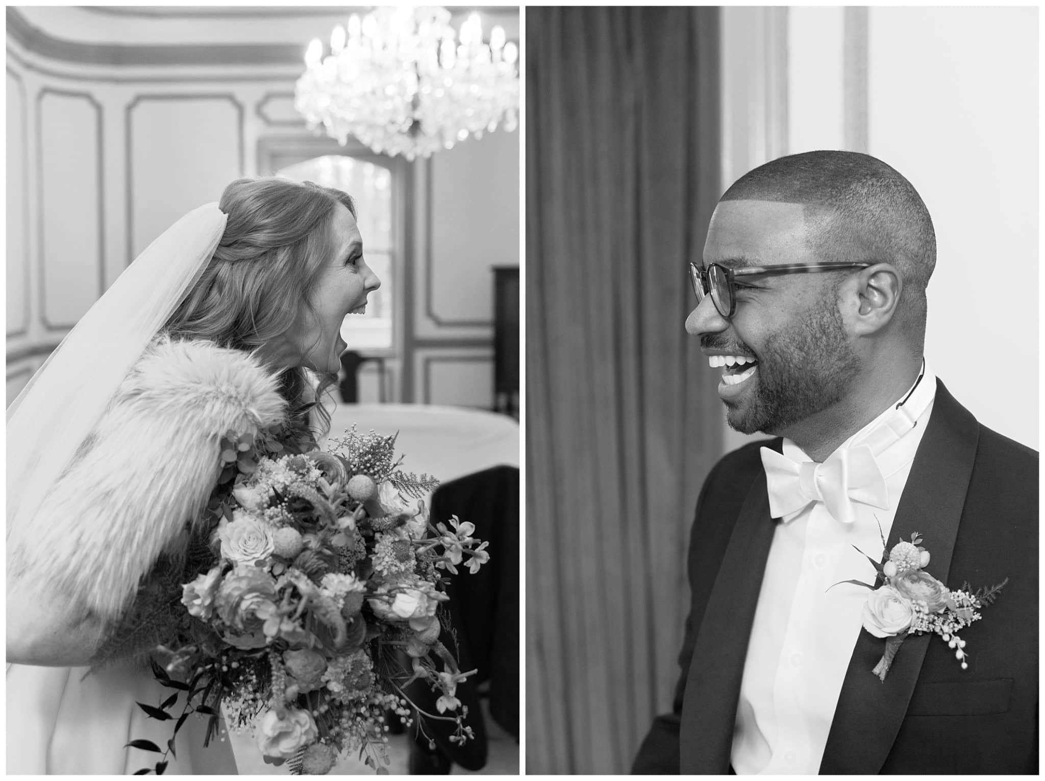 bride and groom smiling in black and white photos