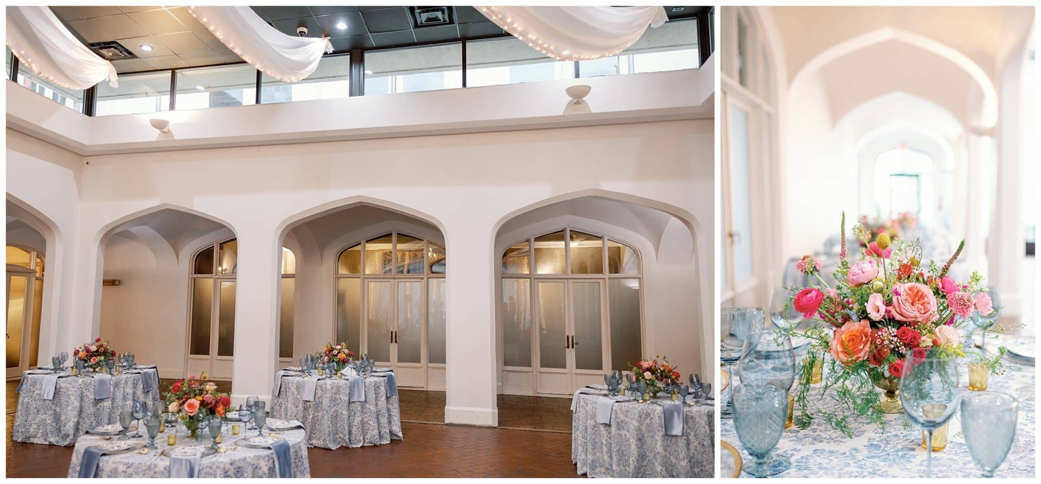 blue and white reception space