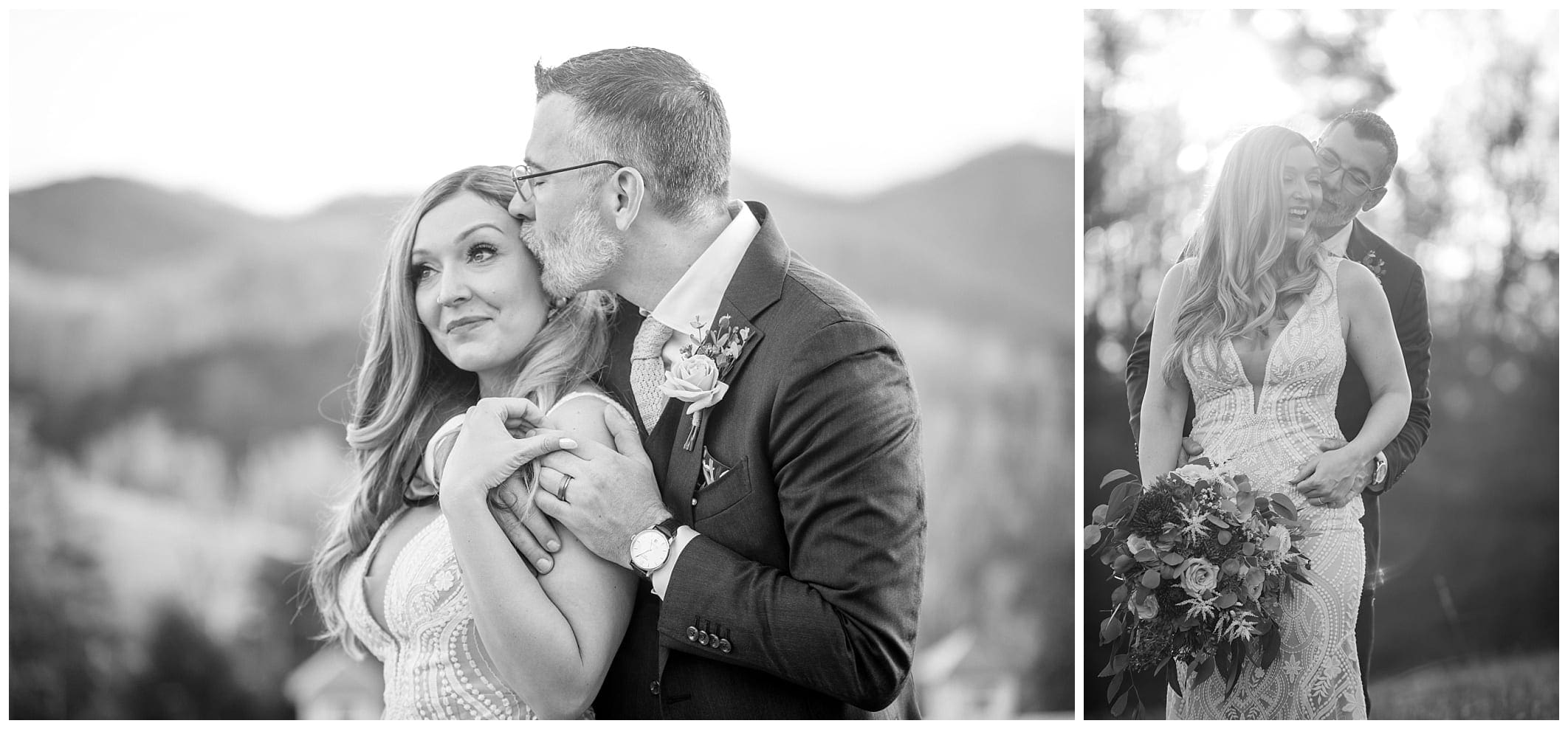black and white photo of bride and groom's portraits