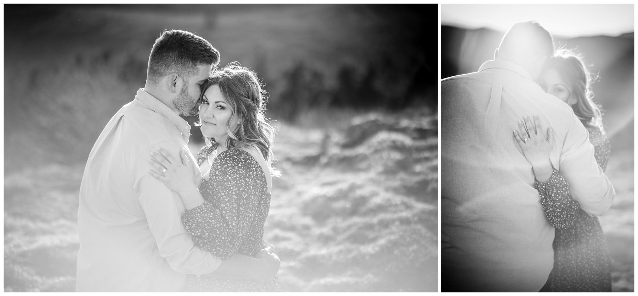 Black and white photos with lens flare at mountain view engagement session at the golden hour in Asheville, NC