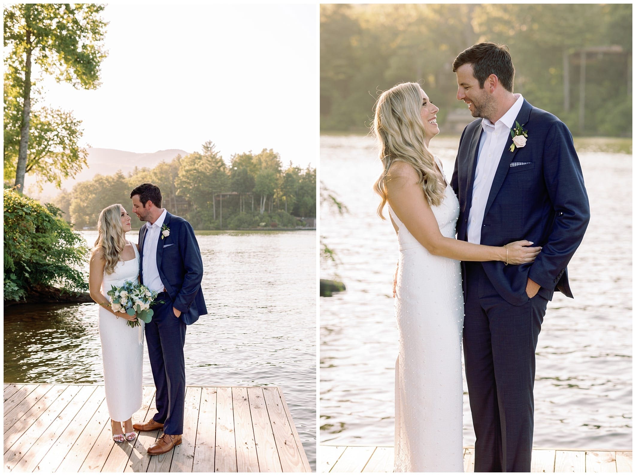 bride and groom pose on the lake in Asheville, NC