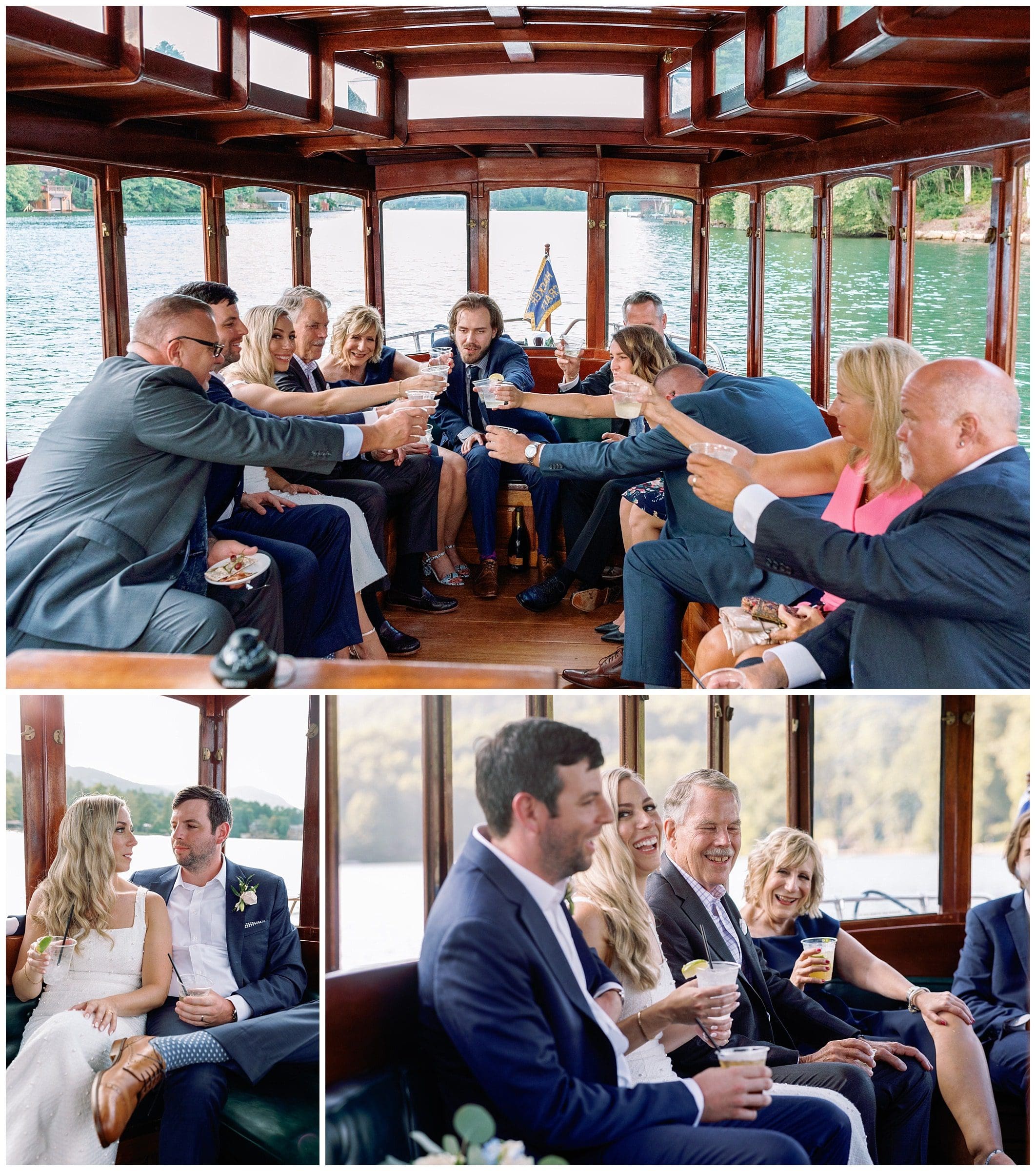 bride and groom take boat ride for Asheville wedding