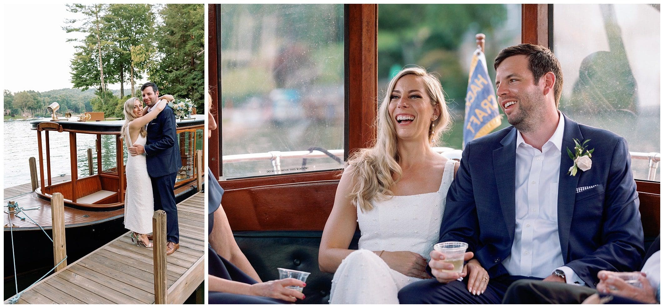 bride and groom take boat ride for Asheville wedding