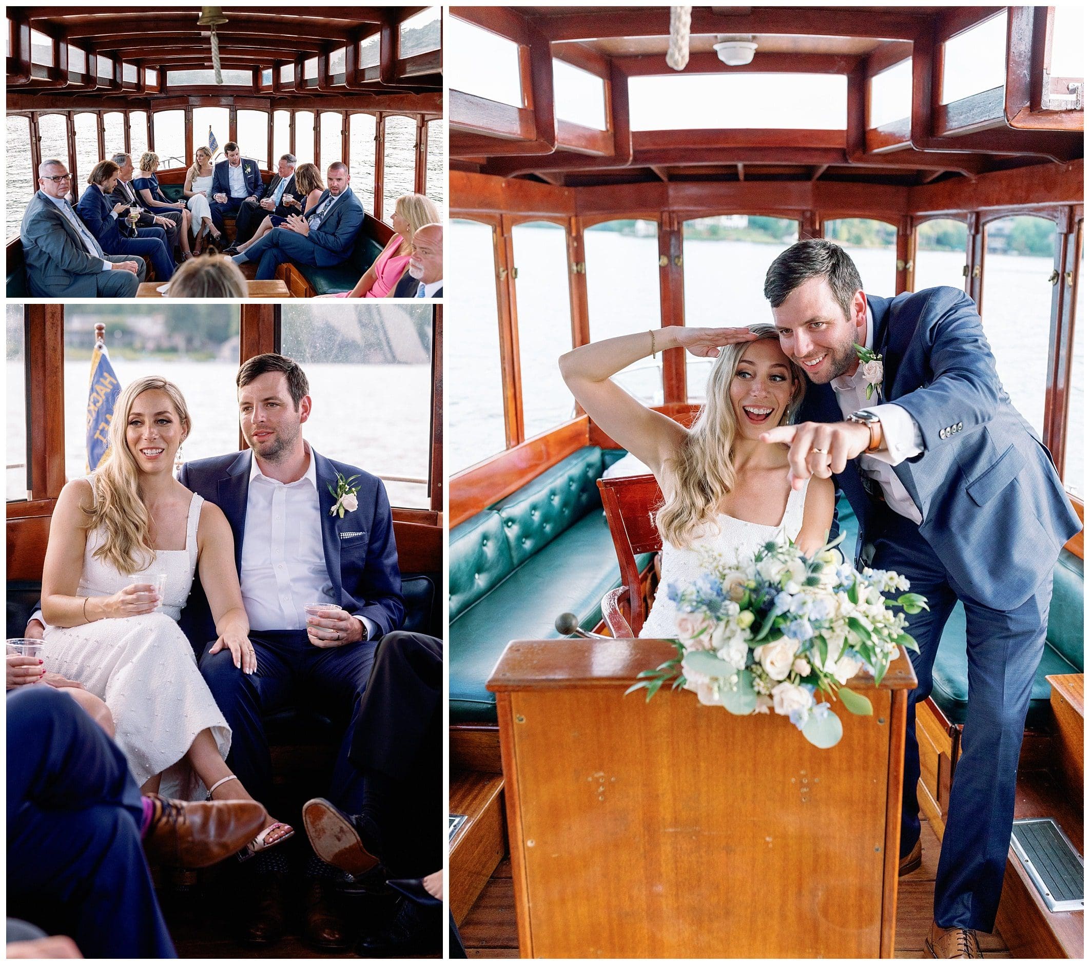 bride and groom take a boat ride for their Asheville wedding