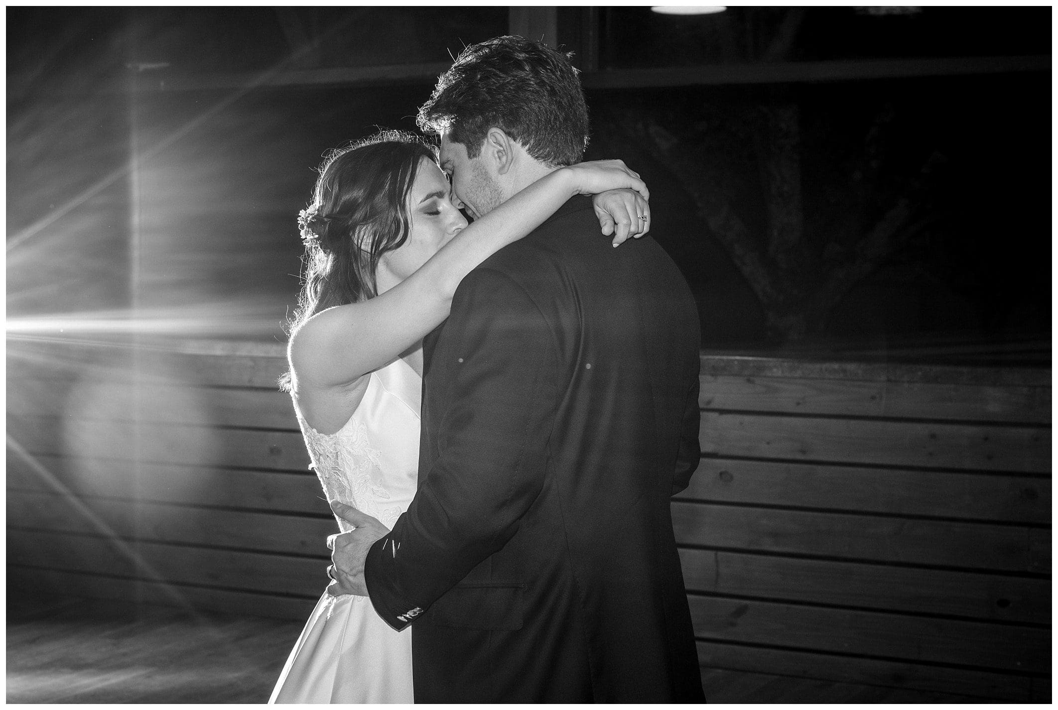 Black and white photo of private last dance at haiku wedding venue in asheville nc 