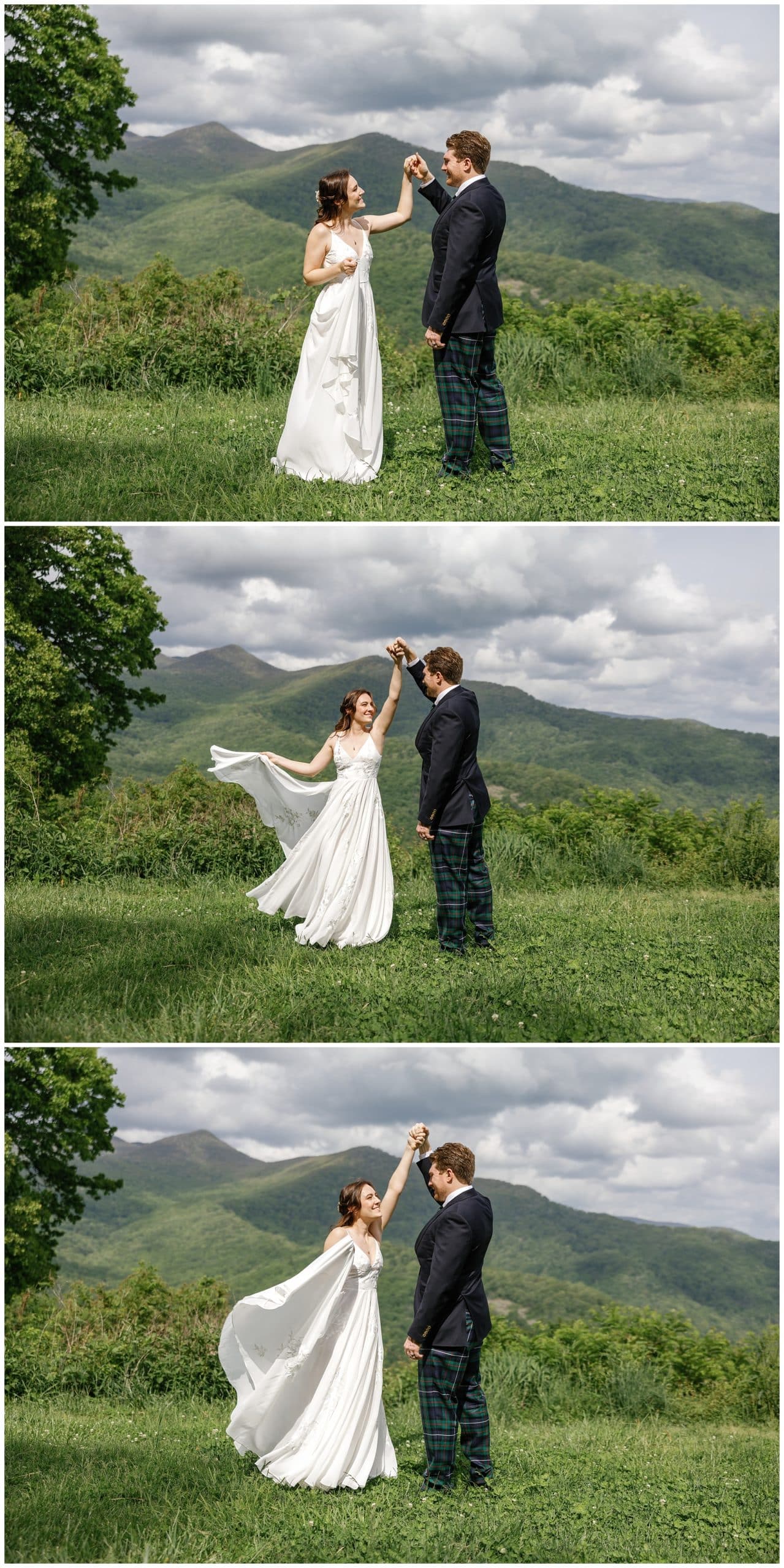 Kathy Beaver photography takes photos of bride and groom at location off of the Blue Ridge Parkway with moutains in the background. 