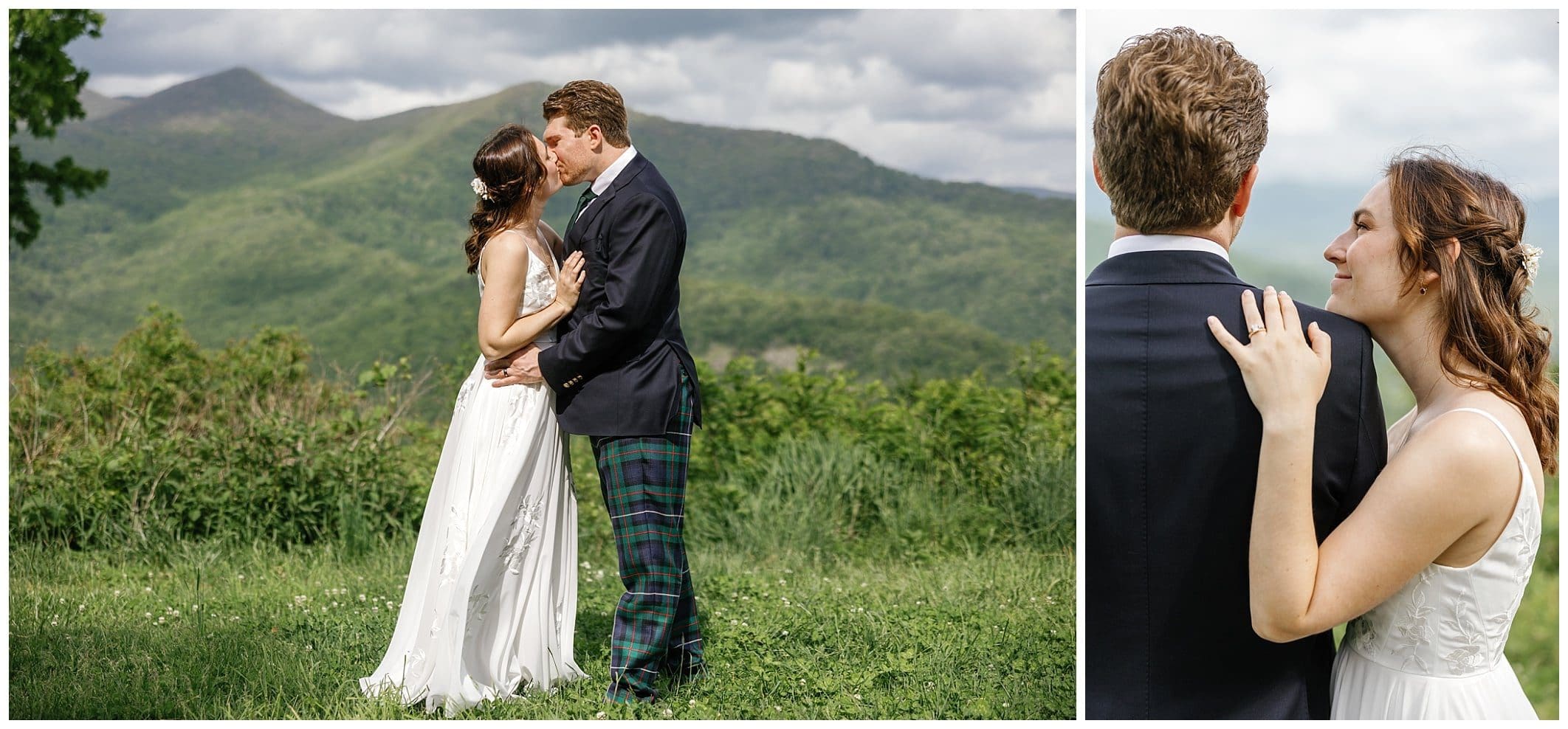 Groom wearing tartan plaid pants with matching tie for wedding reception in Asheville NC. 