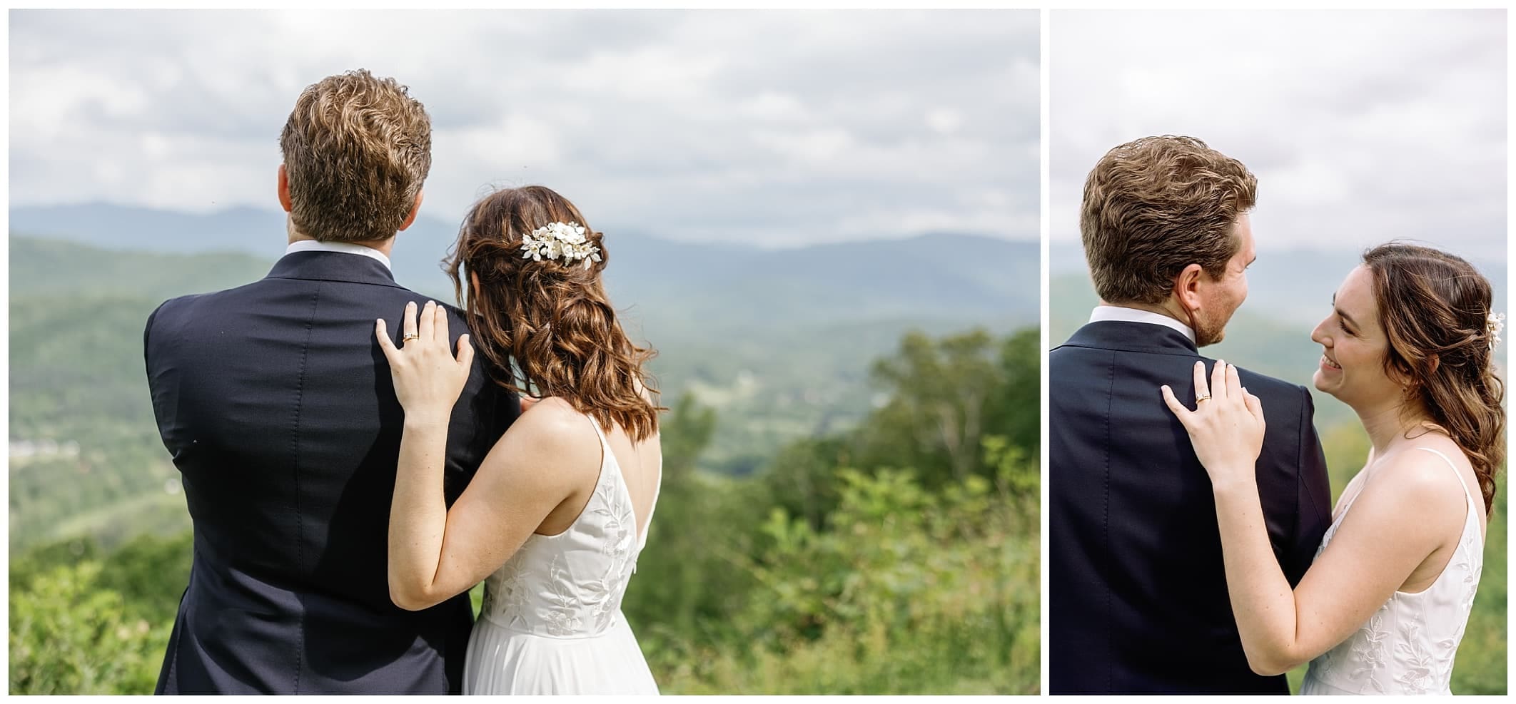 Bride and Groom look out a mountains  at couple session before their wedding reception at Haiku wedding venue