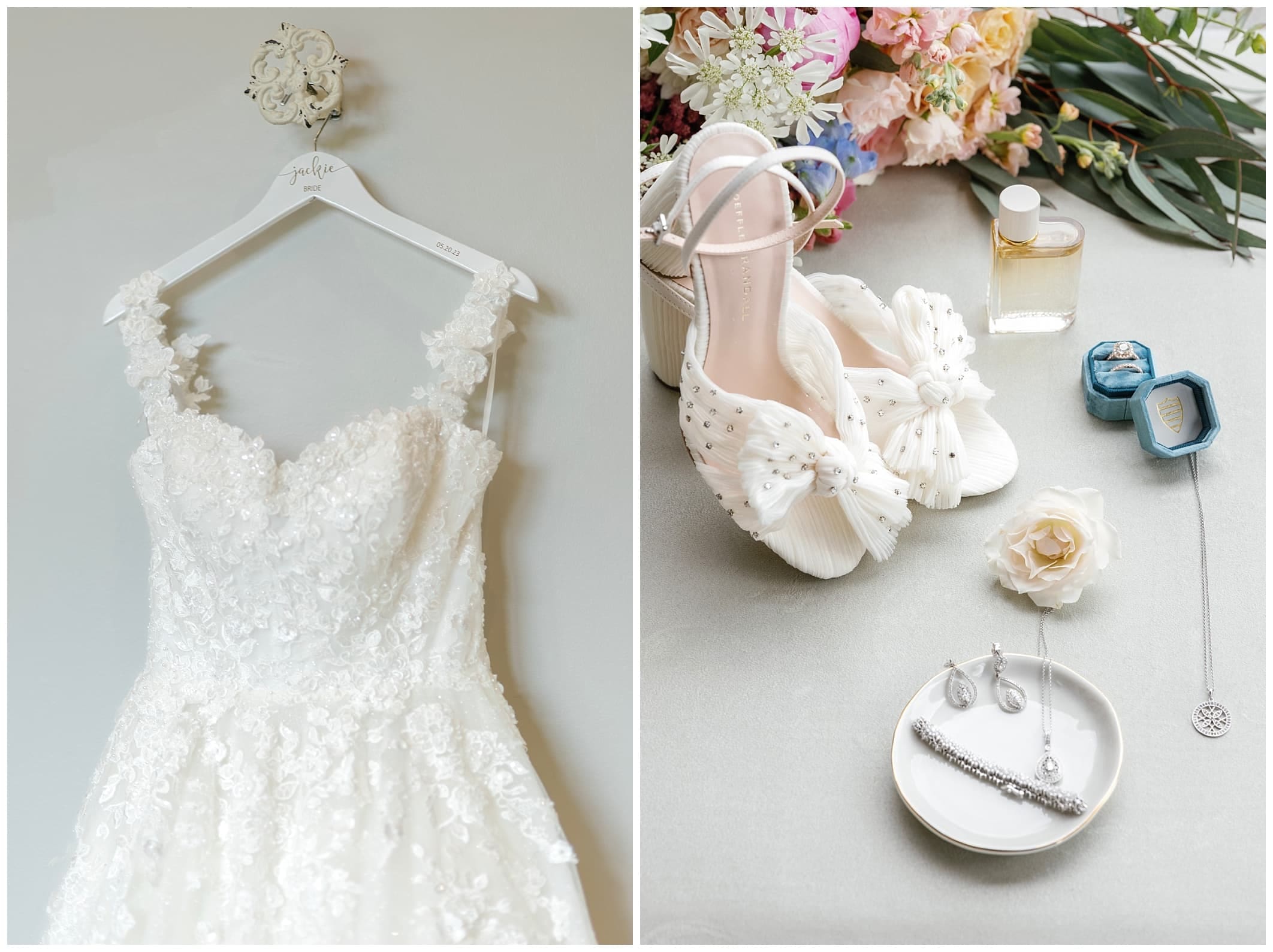 Brides dress and wedding details at spring wedding with blue accents